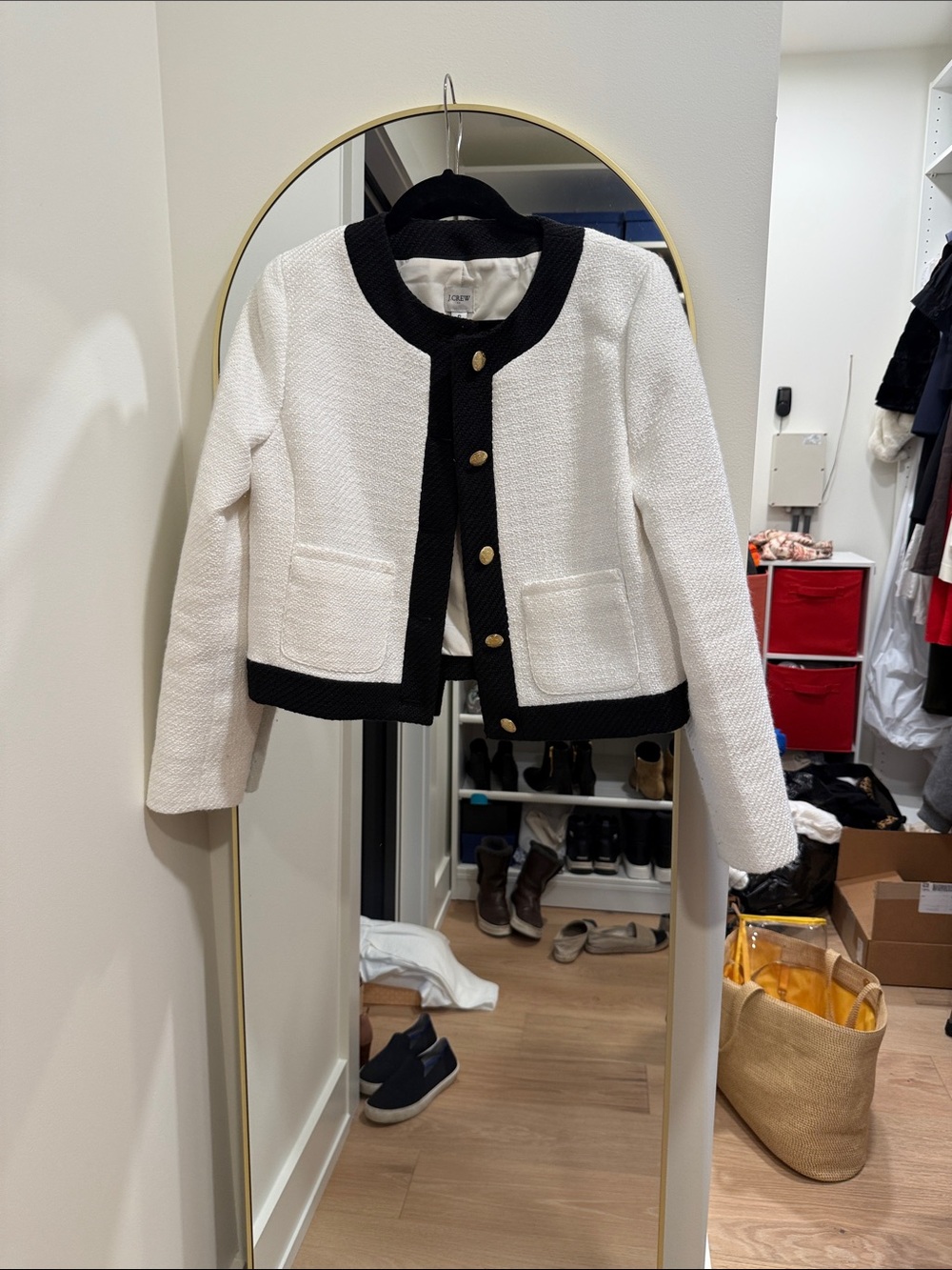 J. Crew White Bouclé Jacket with Black Trim and Gold Buttons